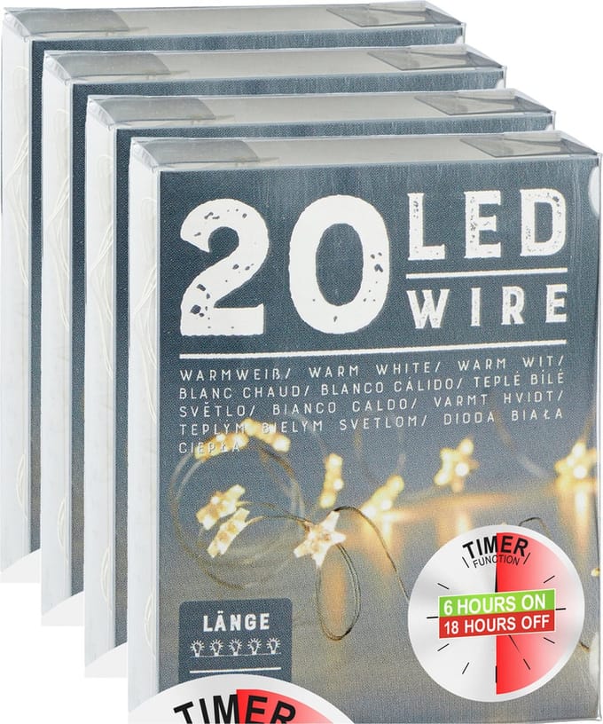 Cepewa Draadverlichting sterren - 4x - 220 cm - 20 leds - warm wit - batterij met timer