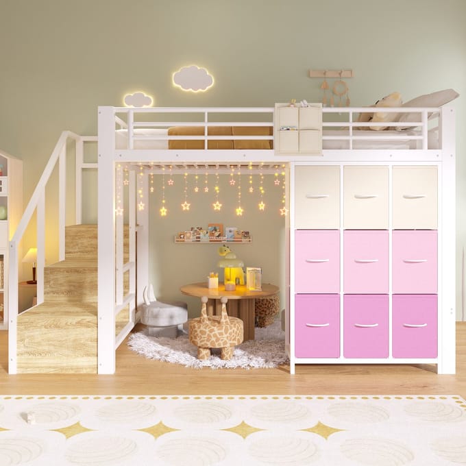 Hoogslaper - 140x200 cm - met Laden, Opbergtrap en Kledingstang - Metaal - Wit