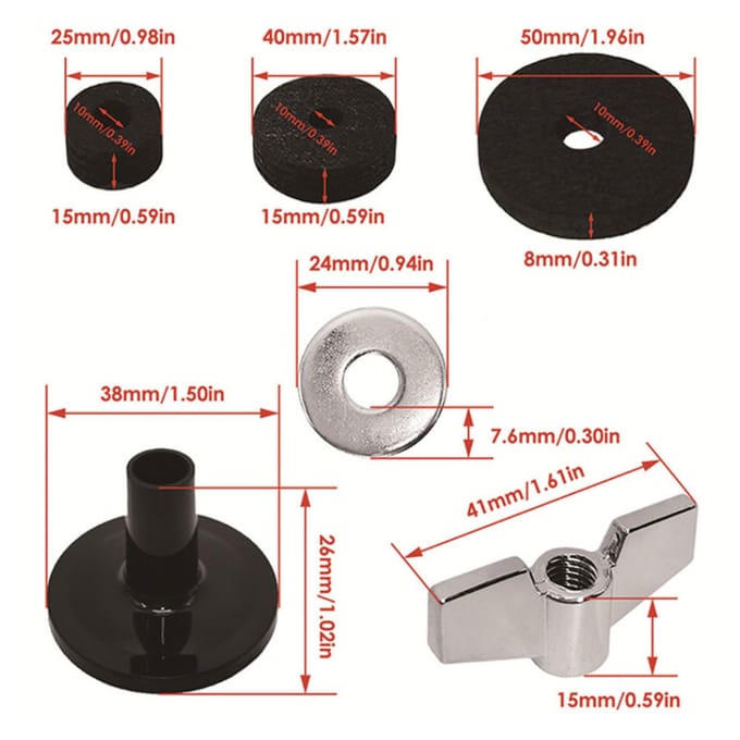 21 Delen Bekken Accessoires Bekken Statief Hulzen Bekken Viltjes met Bekken Ring & Basis Vleugelmoeren voor 21Pcs grijs