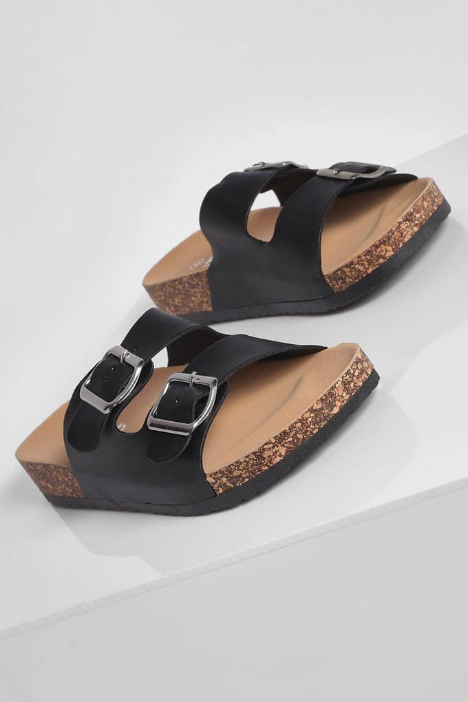 boohoo Dames Dubbele Gesp Footbed Slider | Black | Maat: 3