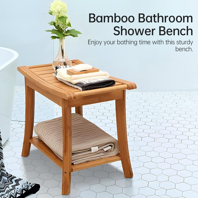 Tabouret de Douche avec Porte-Serviettes Étagère de Rangement Antidérapant Bambou Naturel Banc de Douche Multifonctionnel beige