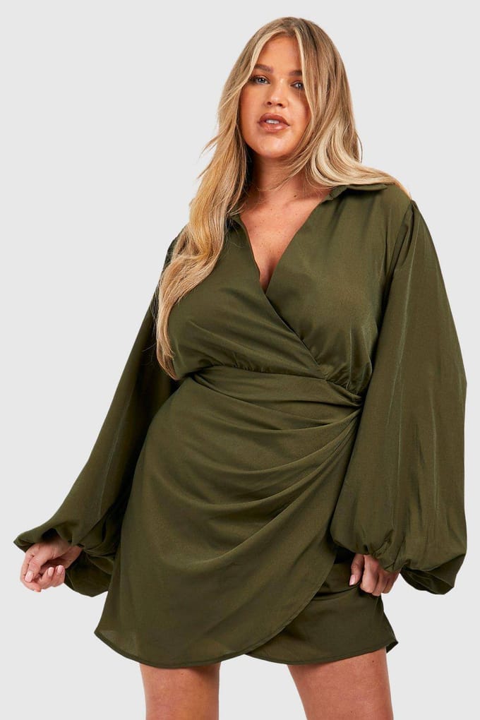 boohoo Dames Plus Blouson Mouw Wrap Jurk | Kaki | Maat: 54