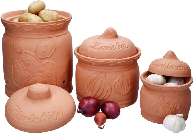 Set van 3 TERRA terracotta aardappel-, uien- & knoflookpotten - 1983, 1984 & 1985