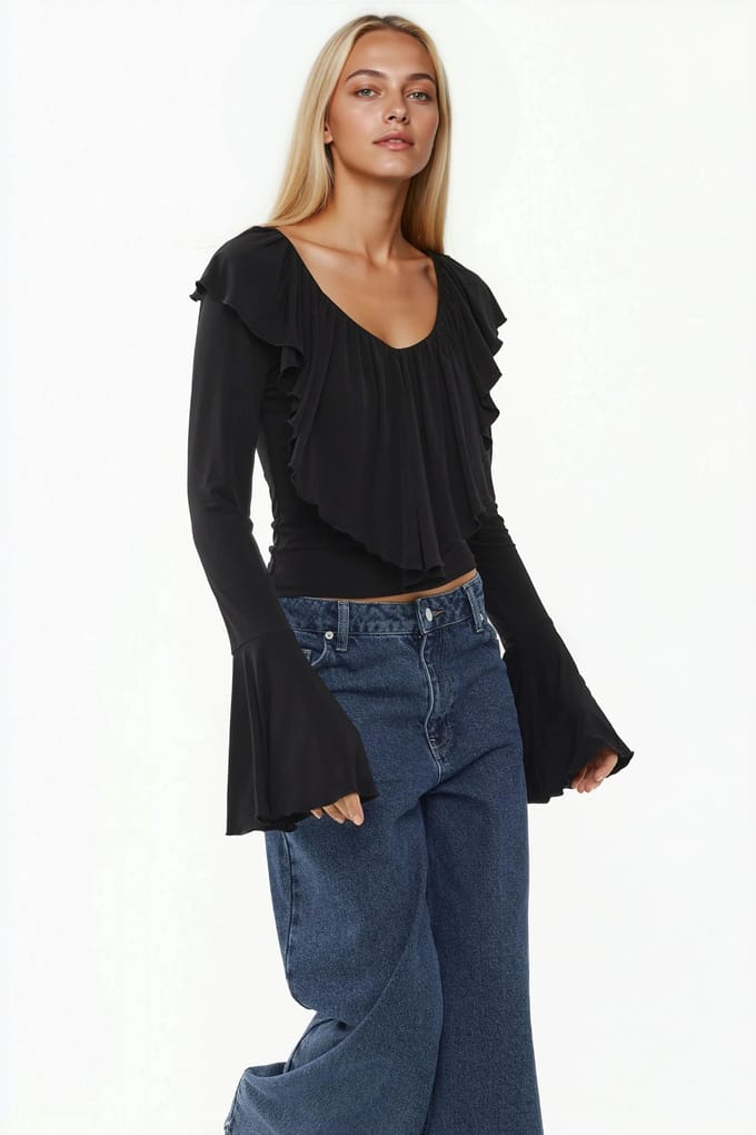 Rimpelende V-hals Elastische Gebreide Blouse