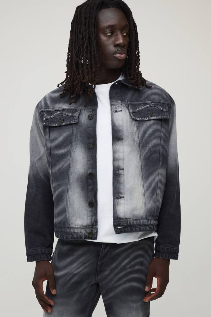 Regular Laser Print Marble Denim Jacket | Black | Size Small