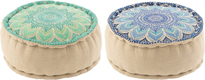 J-Line poef Rond Bloem - katoen - turquoise/blauw - 2 stuks