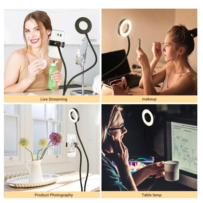 Webcam Lichtstatief 3,5 Inch Clip-On Mini USB Ringlamp 3 Verlichtingsmodi Dimbaar Flexibel zwart