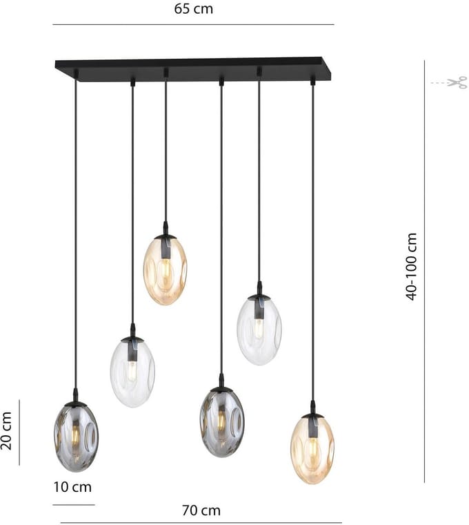 Euluna - hanglamp - 6lichts - Staal, glas - E14 - zwart, helder, amber, rookgrijs
