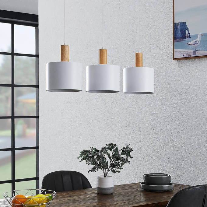 Lindby - hanglamp - 3lichts - Staal, hout - H: 15 cm - E27 - wit, hout