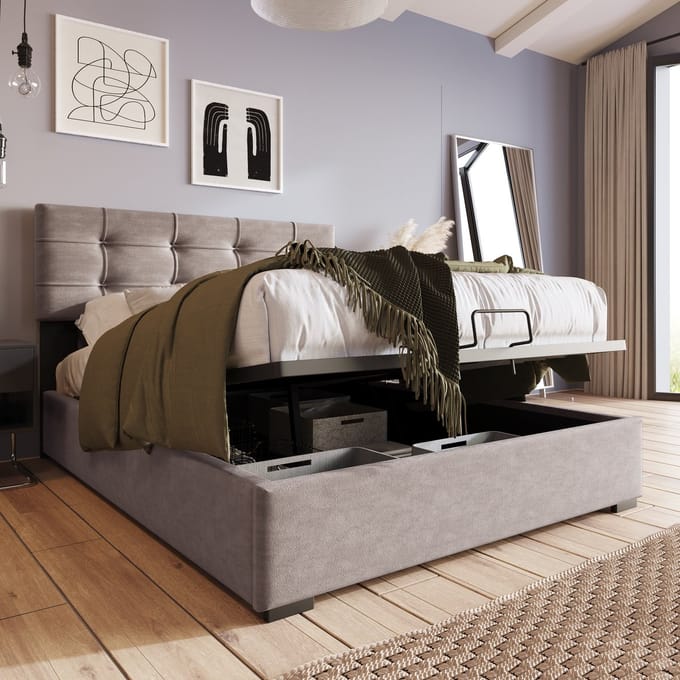 MODENUIT Gestoffeerd Bed 90x200 cm – Met Matras – Verstelbaar Hoofdbord – Opbergruimte – Fluweel – Lichtgrijs