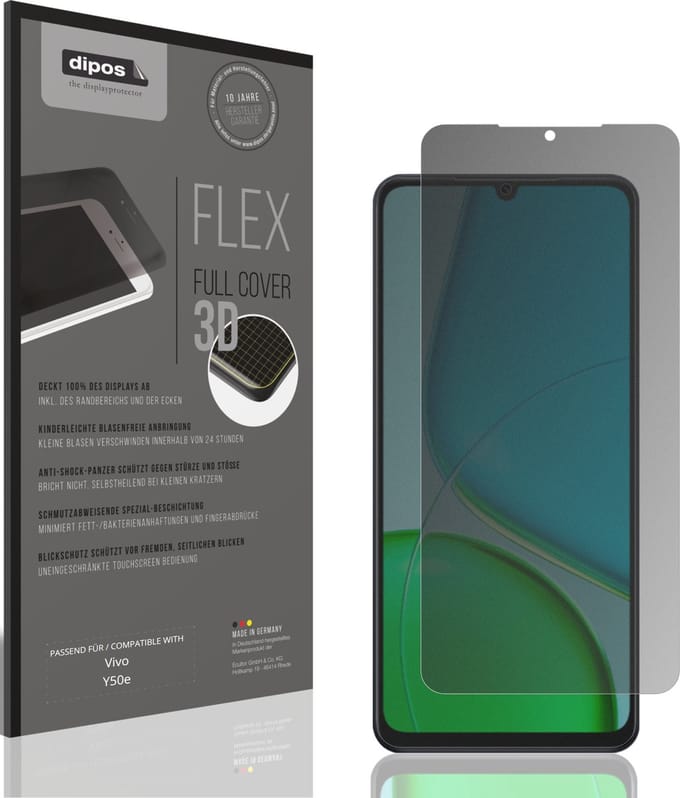 dipos FLEX – Matte Privacy Screenprotector geschikt voor Vivo Y50e | Volledige Schermbescherming | Case-Friendly