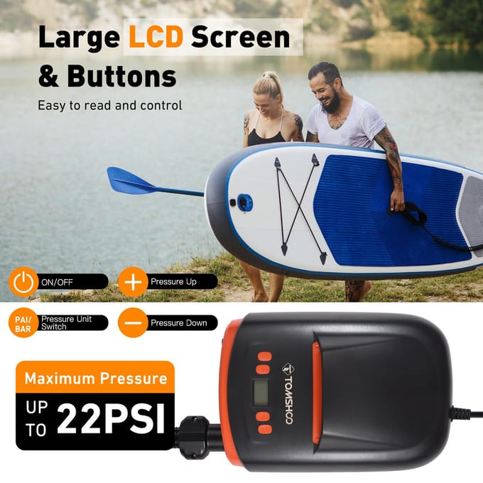 TOMSHOO – pompe à Air électrique numérique SUP, 110W, 12 volts, 22psi, gonfleur d'air rapide haute pression avec écran LCD orange