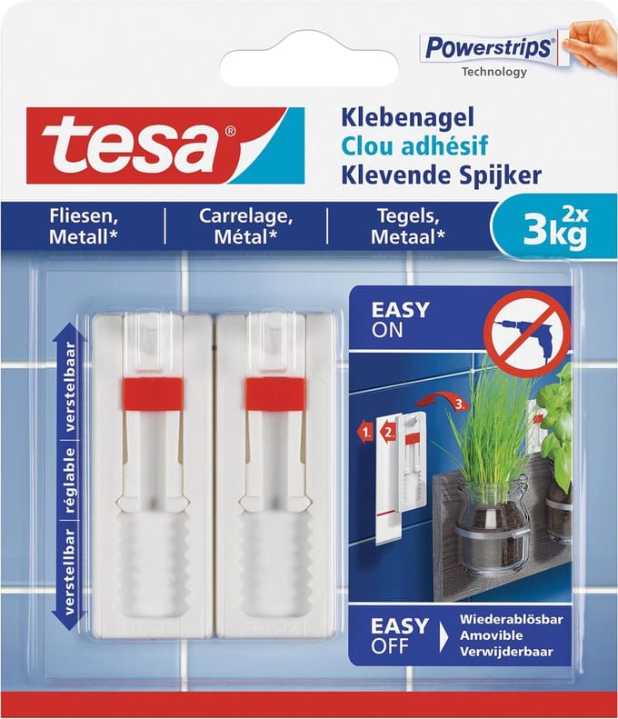 Klevende Spijker tesa® tegels & metaal 3kg verstelbaar wit 2 stuks