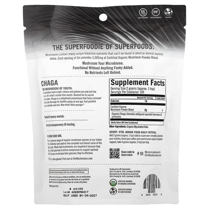 Chaga Paddenstoel, Gecertificeerd Biologisch Paddenstoelenpoeder, 200G(7.05Oz)