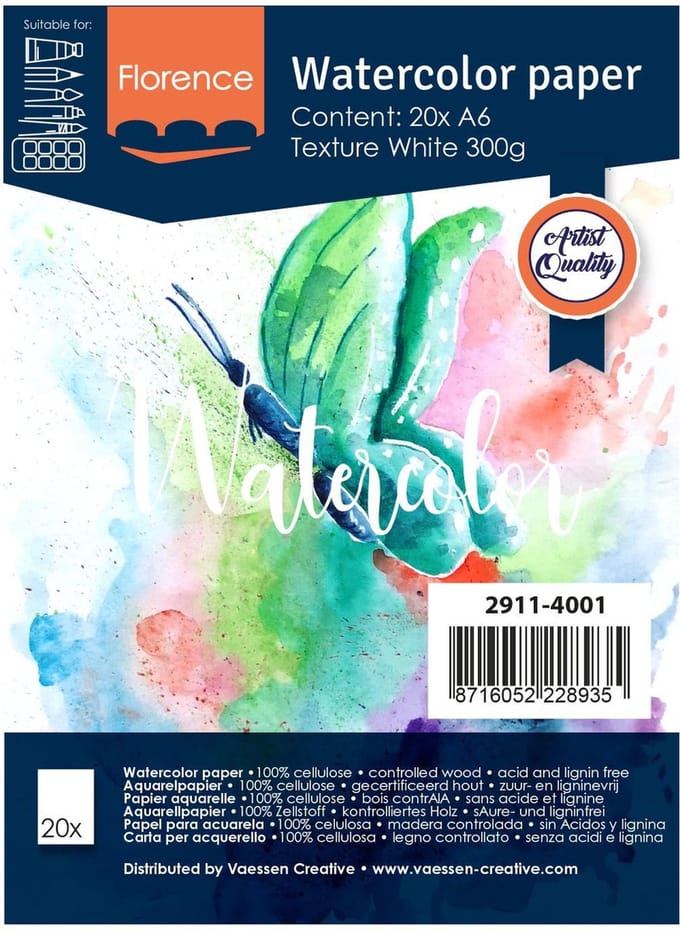 Aquarelpapier - Intens White - A6 - 300 grams - Lichte Structuur - Texture - Florence - 20 vellen