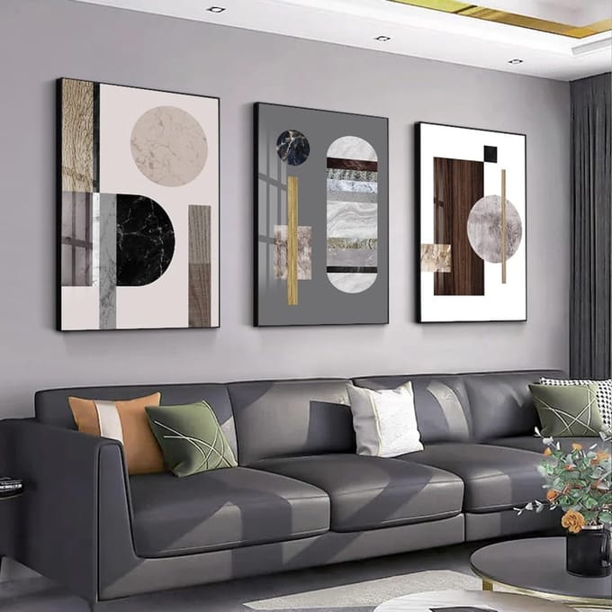 Abstracte Wandkunst - Moderne Schilderijen - Woonkamer Decoratie - Drie Panelen Set - 60x40 cm - Houtnerf Bruin