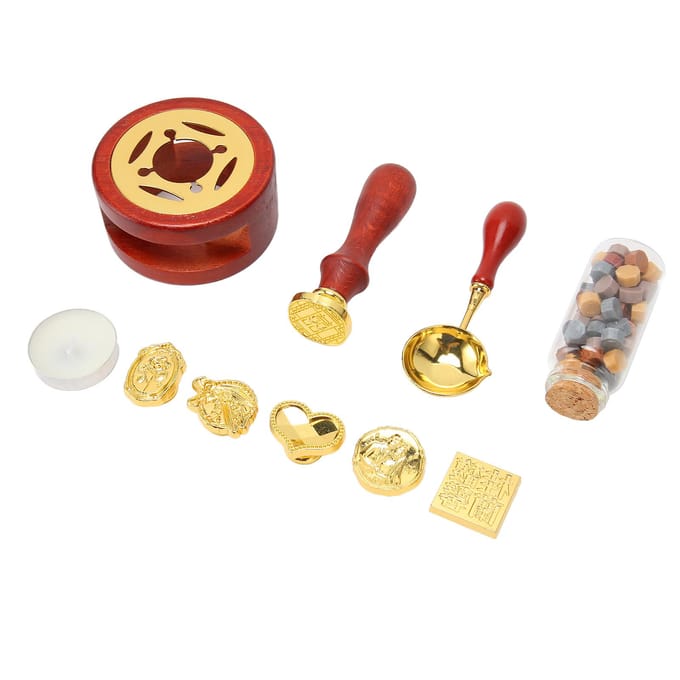 Wax Sealing Stempel Kit met 5 Vervangbare Stempelkoppen Sealing Wax Verwarmer Lepel Sealing Stempel Kit voor brown