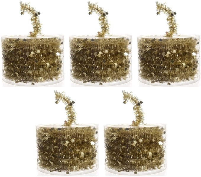 Decoris Kerstslinger- 5x -guirlande - met sterren - goud - glanzende lametta - 700 cm
