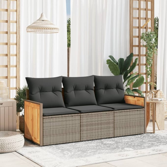 vidaXL - 3-delige - Loungeset - met - kussens - poly - rattan - grijs