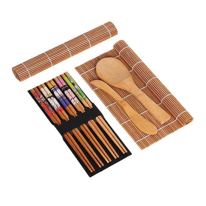 Bamboe Sushi Maker Set Sushi Rolmat Kits Sushi Gordijn Mes Lepel en Eetstokjes Set beige