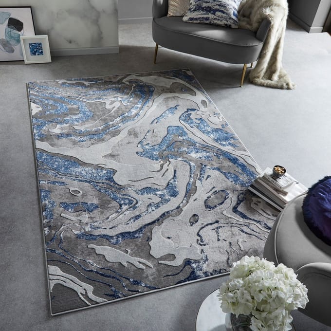 Flycarpets Modern Vloerkleed - Marbled - Laagpolig - Marmer - Navy - 120x170 cm