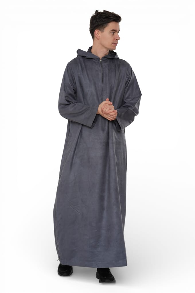 Heren Eid Grijze Marokkaanse Jubba Robe Ramadan Eid Thobe met capuchon - HM12