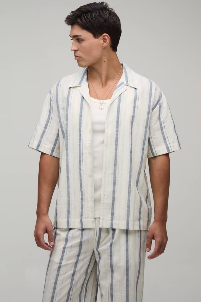 Lichtgewicht Geweven Gazen Gestreept Oversized Shirt & Baggy Broek Set | Navy | Size Medium