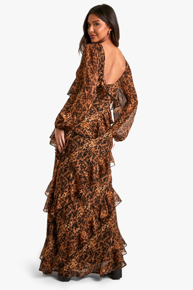 boohoo Dames Luipaard Ruffle Chiffon Maxi-jurk | Maat: 36