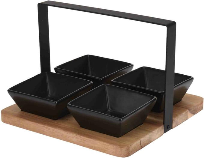Excellent Houseware serveerplank met 4 schaaltjes - hout - aardewerk - 22 cm