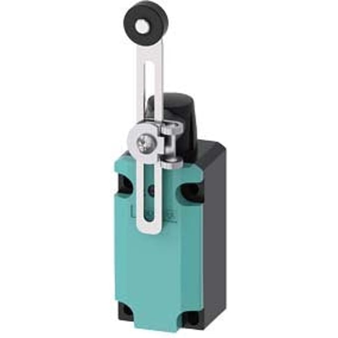 Siemens Sirius position switch metal enclosure 40 mm 1no /1nc rotary actuator right/left adjustable with adjustable-length metal lever 100 mm long and plastic roller 19 mm
