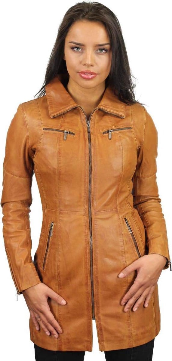 Versano Chicago Lange Leren Dames Jas S - Cognac
