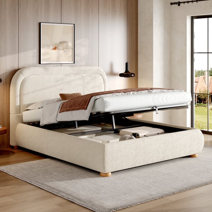 Gestoffeerd Bed - 140x190 cm - Hydraulisch met Lattenbodem - Grote Opbergruimte - Bouclé - Beige