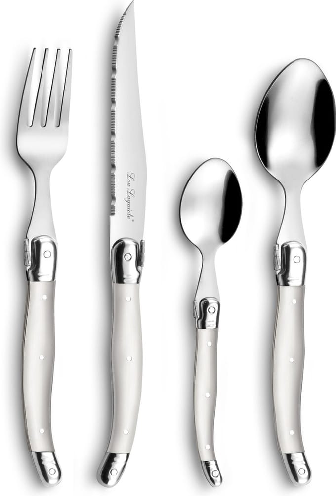 Lou Laguiole® 24-delige Tradition Bestekset Parelmoer – 6 Personen – 18/0 Chroomstaal – Hoogglans – Iconische Laguiole-Bij – Cadeauverpakking
