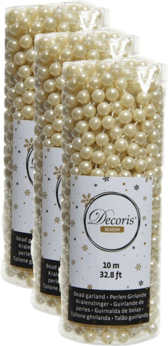 Decoris Kerstslinger - 3x stuks - kralen - parel champagne - 10 meter