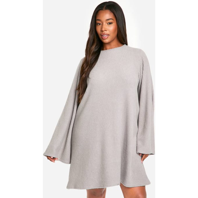 boohoo Dames Plus Soft Rib Tie-back Smock Jurk | Grijze Mergel | Maat: 52