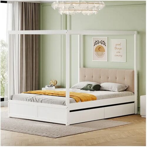 Merax Hemelbed 140 x 200 cm met 2 grote lades en zachte rugleuning, MDF hout, Wit