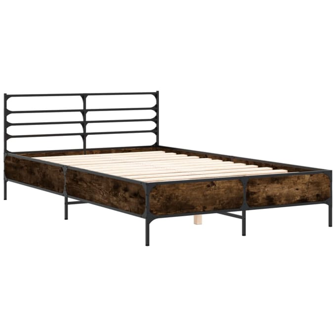 vidaXL - Bedframe - bewerkt - hout - metaal - gerookt - eikenkleurig - 135x190 - cm