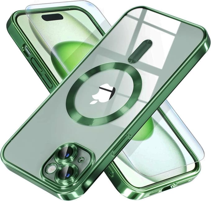 BixB hoesje met screenprotector geschikt voor iPhone 15 Plus MagSafe siliconen Backcover - Groen