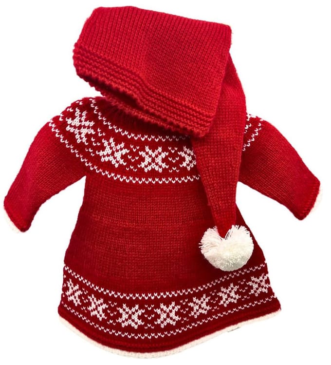 Asi poppenkleding kerstjurk met Grieks patroon en kerstmuts rood.