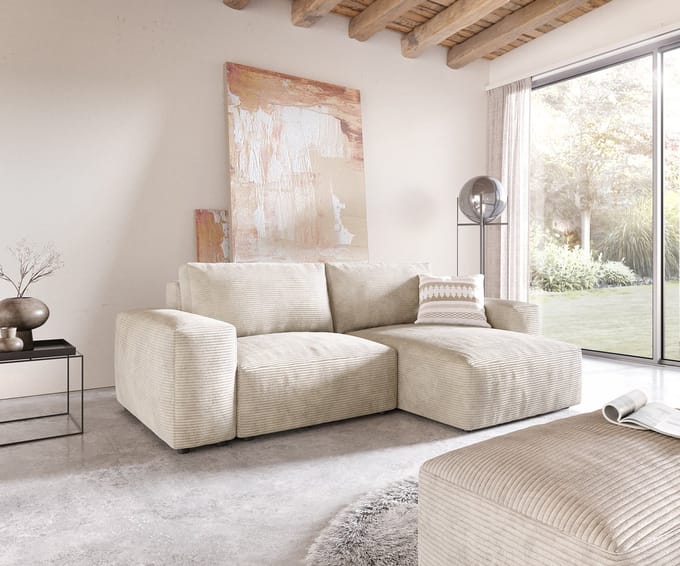 Hoeksofa Lanzo ribcord beige 230x155 cm met variabele recamière en hocker
