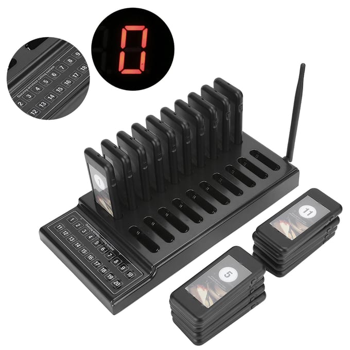 Bip d'appel de restaurant Système d'appel sans fil Récepteur 20 canaux avec indicateur de charge UK Plug black