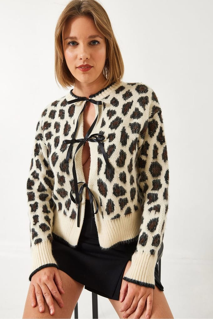 Lepelprint Brei Cardigan met Pompon