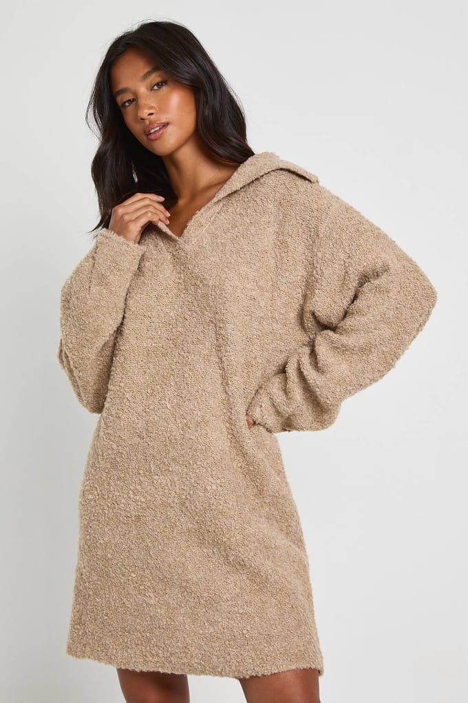 boohoo Dames Petite Borg Oversized Kraagdetail Mini Jurk | Camel | Maat: XS