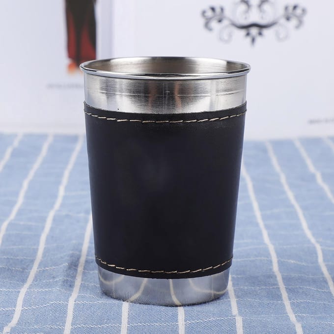 4 pièces 170 ml Mini Tasse à Café/Vin Portable en Acier Inoxydable avec Couvercle en Cuir gray