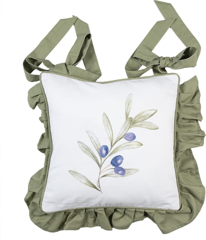 Clayre & Eef Kussenhoes Stoelkussen 40x40 cm Wit Katoen Olijven