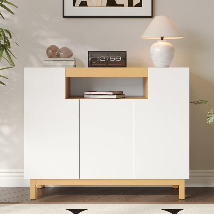 MODFU - Dressoir - Drie Deuren En Open Vak - Minimalistisch - Voor Woonkamer Of Eetkamer - Spaanplaat - Wit