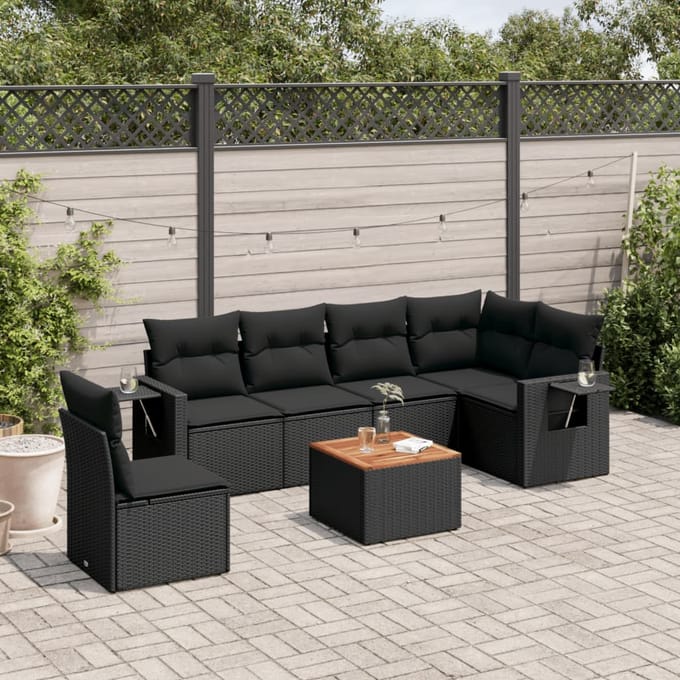 vidaXL - 7-delige - Loungeset - met - kussens - poly - rattan - zwart
