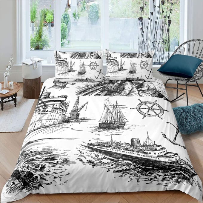 Housse de couette King Queen Voilier nautique Ensemble de literie Bateau à voile côtier Housse de couette Aventure en mer Housse de couette en polyester 200x200cm 3pcs