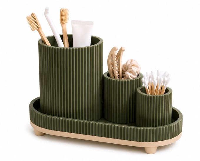 Badkamer Organizer Set – Tandenborstelhouder, Wattenstaafhouder & Opbergbakje