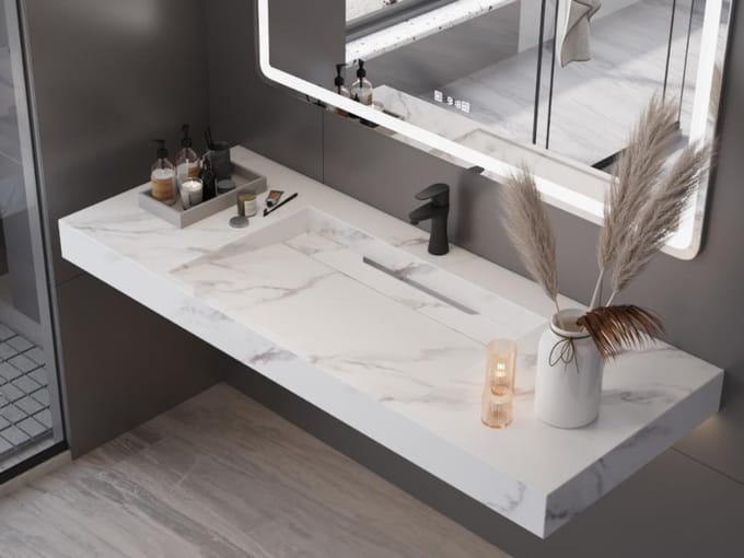 Vente-unique Zwevende wastafel in solid surface met wit marmereffect TAKOTNA - L120,2 x B45,2 x H8 cm